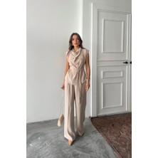 Etiler Collection Tencel Modal Kolsuz Bluz Kapalı Cep Detaylı Dökümlü - Pantolon Takım - Bej