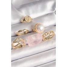 İlkyaz Fashion Pirinç Gold Renk Daire 3D Incili Figür Zincir Model Gül Işleme Detaylı 6'lı Kadın Yüzük S