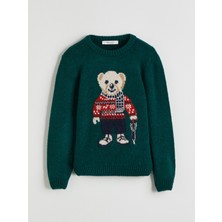 Bisiklet Yaka Ayı Teddy Desenli Erkek Çocuk Triko Kazak
