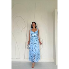 Etiler Collection Mavi Şifon Drapeli Elbise