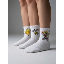 Orbit Premium 3'lü Set Baskılı Sevimli Figürlü Beyaz Kolej Çorabı - Pamuklu Eğlenceli Desenli Kadın Tenis Çorap