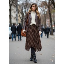 Nisan Triko Ekose Desenli Asimetrik Midi Etek