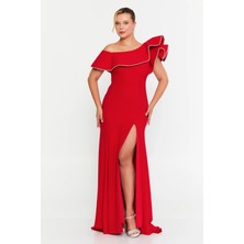Şeref Vural Kadın Büyük Beden Tek Omuz Volan Detaylı Derin Yırtmaçlı Uzun Abiye Elbise 8336 Kırmızı