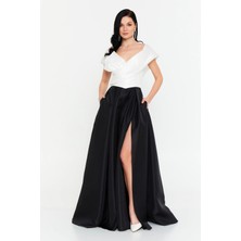 Şeref Vural Kadın Madonna Yaka Derin Yırtmaçlı Kloş Uzun Abiye Elbise 8416 Siyah-Beyaz