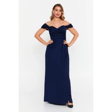 Doridorca Kadın Büyük Beden Kalp Yaka Krep Kumaş Uzun Abiye Elbise 6062 Lacivert