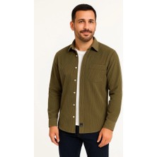 Etiler Collection Erkek Fitilli Kadife Cepli Gömlek Oversize Rahat Kalıp - Haki
