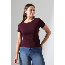 Endies Ribana Kumaş Kayık Yaka Kısa Kol Basic Kadın T-Shirt 21996 Mürdüm