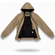 Mero Life Erkek Vizyon Dar Kesim Kapüşonlu Bel Lastikli Ribanalı Deri Ceket & Mont