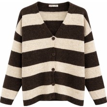 Mixray 7019 Kadın Kalın Çizgili Yün Karışımlı Triko Şal Hırka Takım Kahve