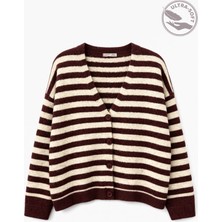 Mixray 7017 Kadın Yün Karışımlı Oversize Çizgili Triko Hırka Bordo