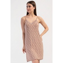 Vienetta Kadın Ince Askılı Viskon Gecelik Tunik Kalp Desenli Toz Pembe C4T9N2904