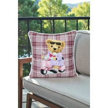 Visionario Kırlent Kılıfı Ayıcık Desenli 45X45 Raşel Örme Kadife Çift Taraflı Dijital Baskı Beyaz Biyeli