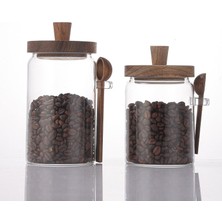 2'li Borosilikat Cam Akasya Kapaklı ve Akasya Kaşıklı Cam Kavanoz Seti 450 ml - 550 ml