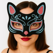 Daniska Siyah Renk Süet Kaplama Üzeri Mavi Kırmızı Simli Kedi Maskesi 17X14 cm