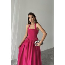 Emh Store Fuşya Boyundan Bağlamalı Keten Elbise