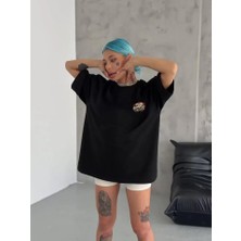 Emh Store Unisex Bisiklet Yaka Baskılı Oversize T-Shirt - Siyah