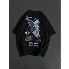 Emh Store Unisex Bisiklet Yaka Baskılı Oversize T-Shirt - Siyah