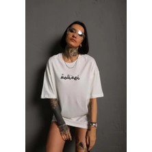 Emh Store Bisiklet Yakalı Sırt Baskılı Oversize T-Shirt - Beyaz