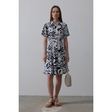 Emh Store Baskılı Keten Elbise - Lacivert