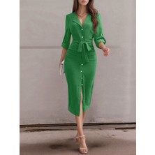 Emh Store Kadın Uzun Kollu Önden Düğmeli Beli Kuşaklı Aerobin Midi Elbise