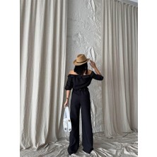 Emh Store Keten Madonna Yaka Kol Hasır Şerit - Pantolon Takım - Siyah