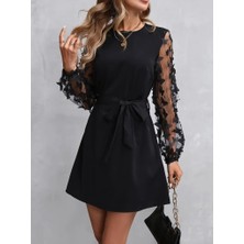 Emh Store Kadın Uzun Kollu Bisiklet Yaka Kollar Tül Kelebek Detaylı Ithal Krep Elbise