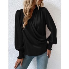 Emh Store Kadın Uzun Kollu Dökümlü Kruvaze Yaka Kol Ucu Gipeli Sandy Bluz