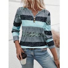 Emh Store Kadın Uzun Kollu Yakadan Düğmeli Çizgili Desenli Süprem Bluz