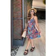 Emh Store Kadın Ip Askılı V Yakalı Desenli Kısa Süprem Elbise