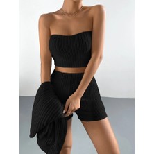 Emh Store Kadın Uzun Kollu Önü Açık Şardonlu Kaşkorse Ceket Büstiyer ve Short Üçlü Takım