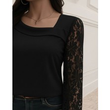 Emh Store Kadın Uzun Kollu Asimetrik Yakalı Dantelli Ithal Krep Bluz