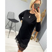 Emh Store Kadın Uzun Kollu Bisiklet Yaka Etek Ucu Deri ve Tül Detay Iki Iplik Mini Boy Elbise