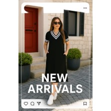 Emh Store Kadın Kısa Kollu V Yaka Kol ve Yaka Ribana Detay Midi Boy Viskon Elbise