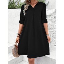 Emh Store Kadın Kısa Kollu V Yakalı Salaş Janjan Krep Elbise