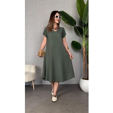Emh Store Kadın Kısa Kollu V Yaka Salaş Maxi Boy Elbise
