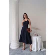 Emh Store Lacivert Çift Dikişli Gabardin Elbise