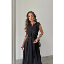 Emh Store Keten Elbise Kolsuz Bel Bağlamalı Maxi Elbise - Siyah
