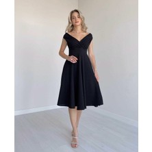 Emh Store Kadın Kısa Kollu Kruvaze Yaka Eteği Volanlı Krep Elbise