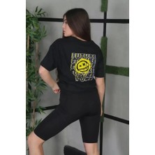 Emh Store Unisex Bisiklet Yaka Baskılı Oversize T-Shirt - Siyah