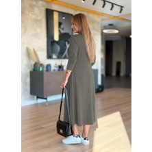 Emh Store Kadın Uzun Kollu V Yakalı Midi Çağla Yeşili Modal Elbise