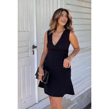 Emh Store Kadın Kalın Askılı Kruvaze Yaka Eteği Volanlı Krep Elbise