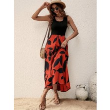 Emh Store Kadın Askılı Yuvarlak Yaka Üst Viskon Alt Desenli Uzun Süprem Elbise