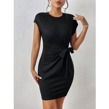 Emh Store Kadın Kısa Kap Kollu Bisiklet Yaka Belden Bağlamalı Modal Mini Elbise