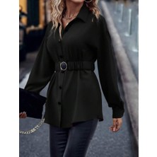 Emh Store Kadın Uzun Kollu Yakalı Önden Düğmeli Belden Kemerli Ithal Krep Bluz