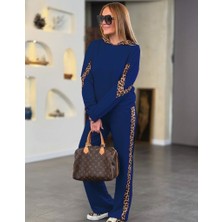 Emh Store Kadın Uzun Kollu Leopar Detaylı Viskon Iki Iplik Eşofman Takımı