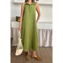 Emh Store Keten Önden Düğmeli Kolsuz Gömlek Yaka Elbise - Yağ Yeşili