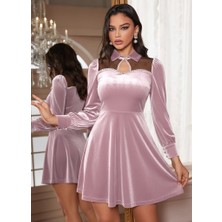 Emh Store Kadın Uzun Kollu Yakalı Tül Detaylı Incili Mini Kadife Elbise