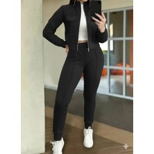 Emh Store Kadın Uzun Kollu Önden Fermuarlı Kısa Modal Ceket ve Pantolon Ikili Takım