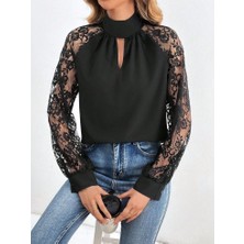 Emh Store Kadın Uzun Kollu Göğüs Pencere Detay Yaka Boğazlı Kolları Tüllü Sandy Bluz