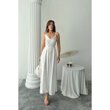 Emh Store Jakar Saten Degaje Askılı Elbise Ip Kemerli - Beyaz